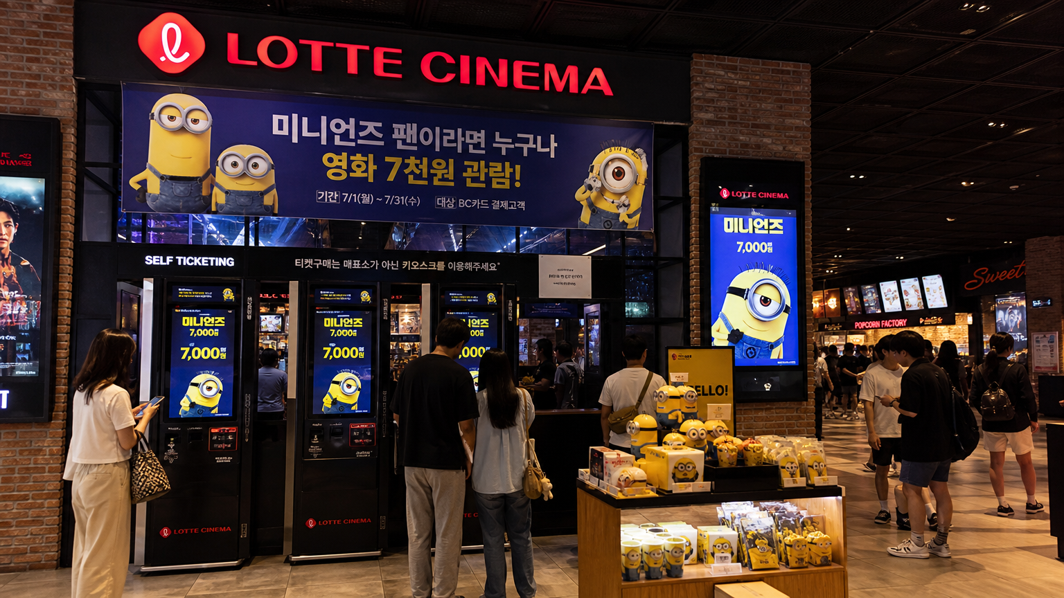 롯데시네마 내에서 할인 혜택과 함께 티켓 구매 및 테마 상품을 즐기는 관객들