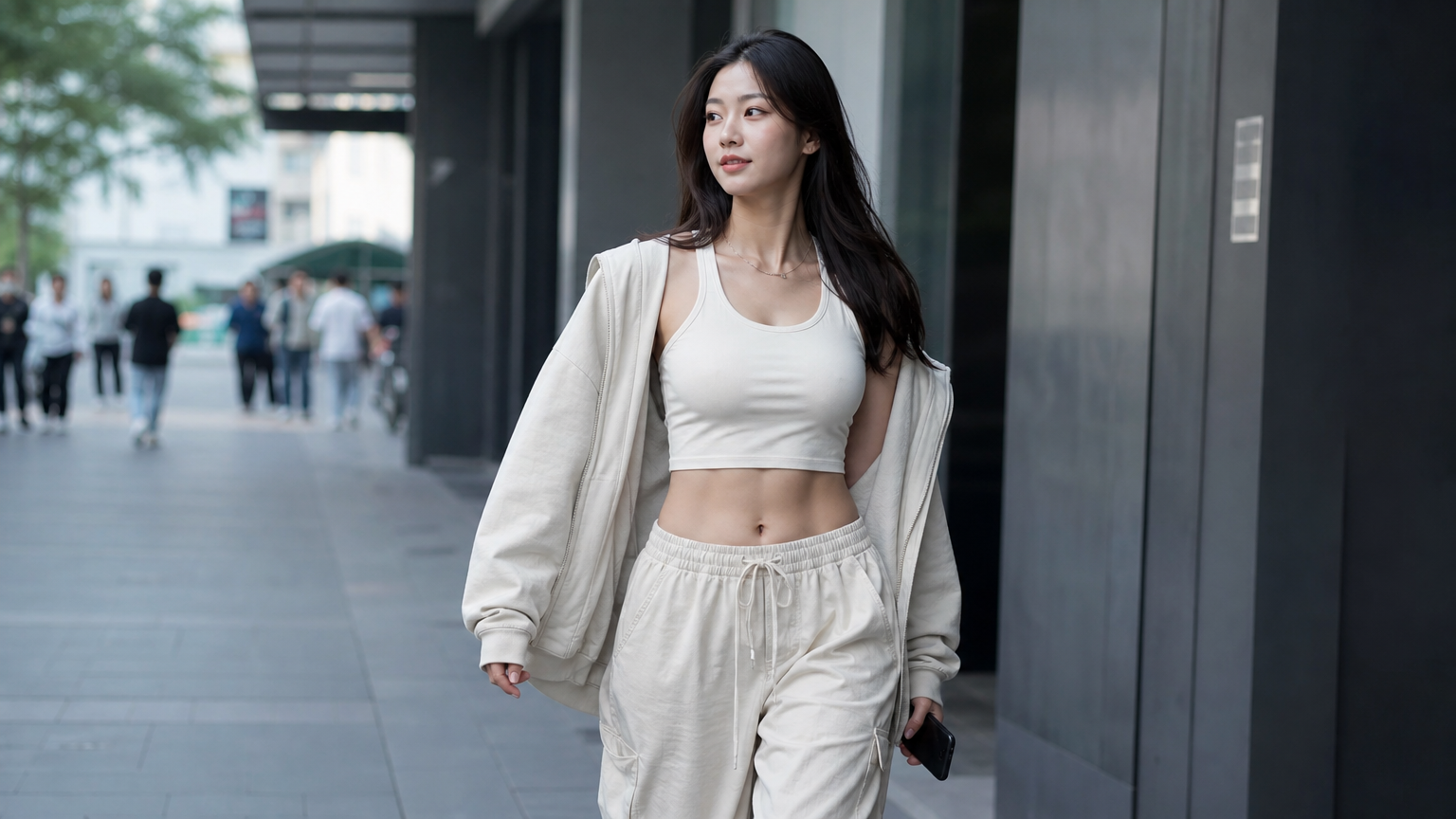 한국 여성이 크림색 크롭톱과 와이드 팬츠에 후드 재킷을 걸치고 도시에서 당당하게 걷는 모습