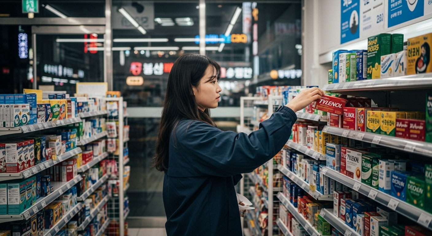 편의점에서 감기약을 고르는 모습