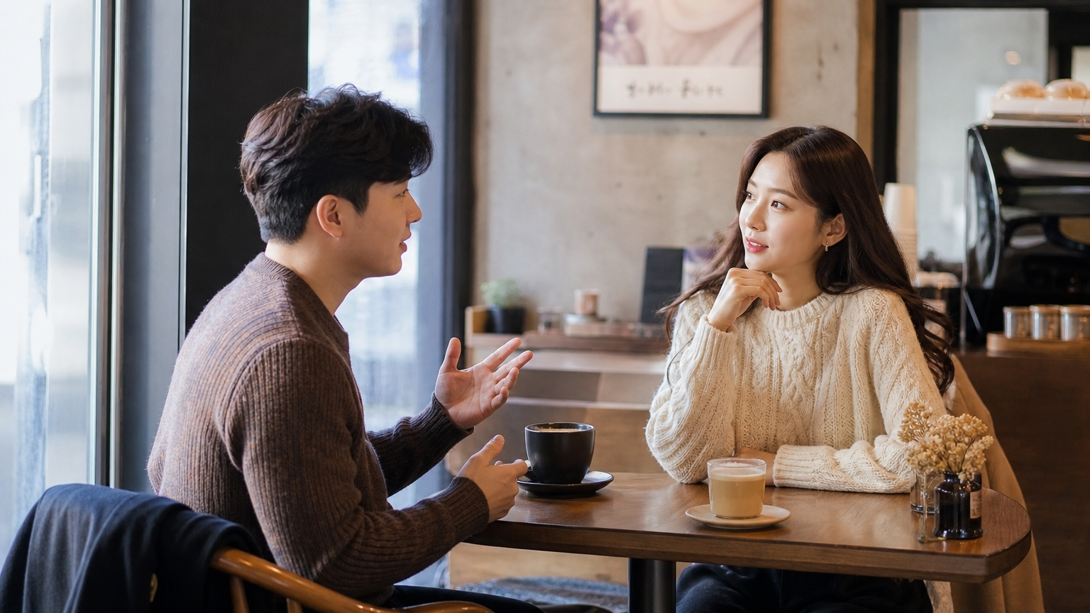 현대적인 카페에서 대화를 나누는 한국 커플의 모습