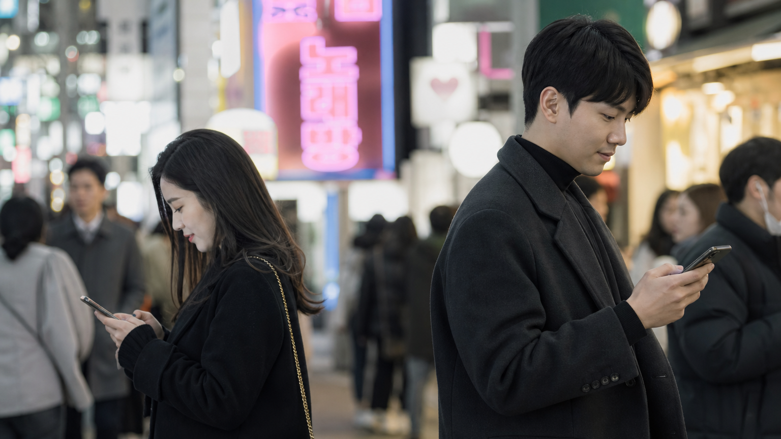 도심 속에서 스마트폰으로 데이팅 앱을 사용하는 한국 성인들