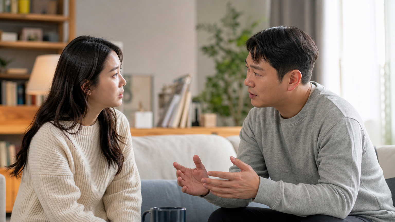 집에서 진지한 대화를 통해 소통하는 두 한국 성인