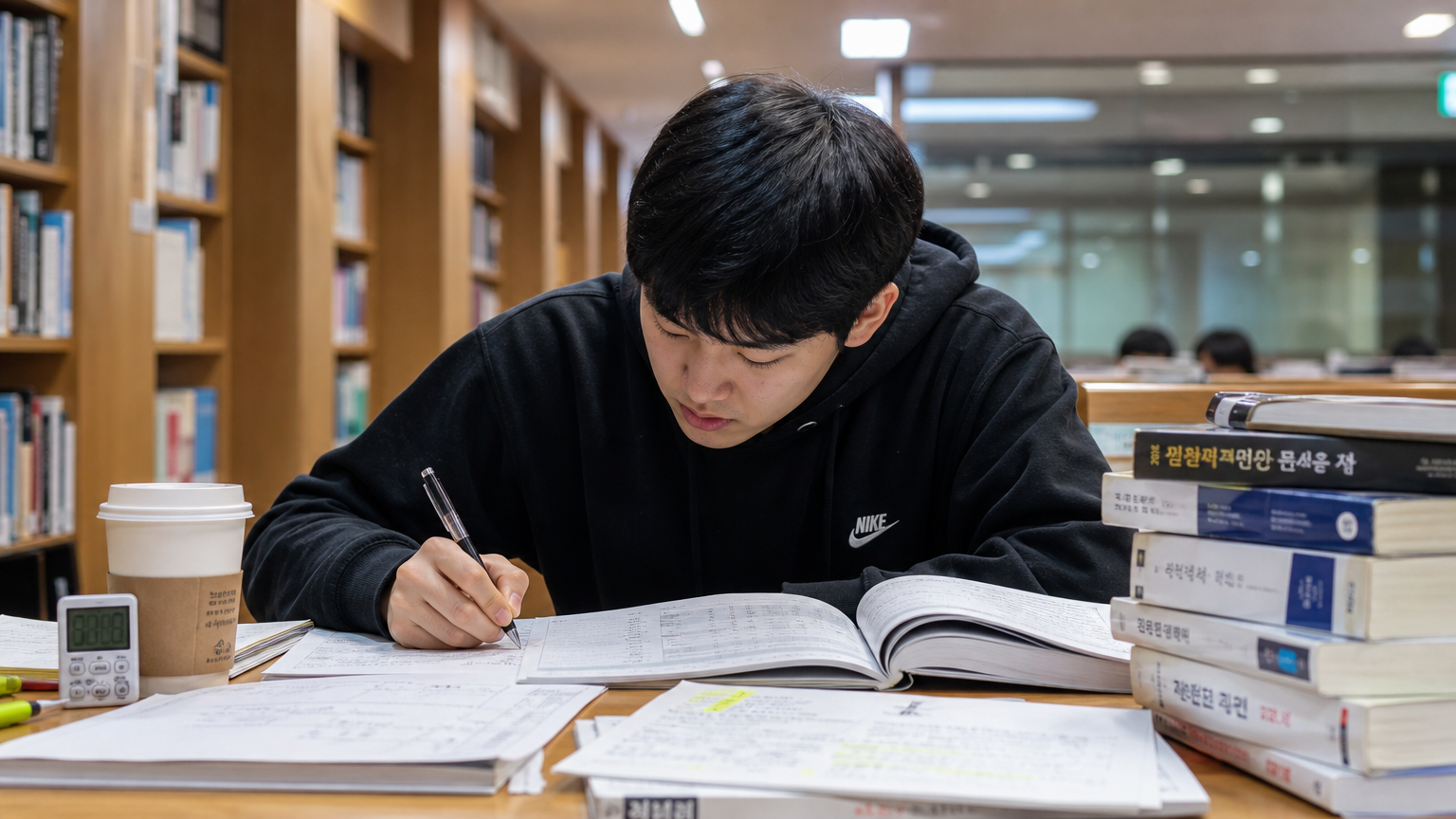 도서관 책상에서 시험 공부에 몰두하는 한국 학생