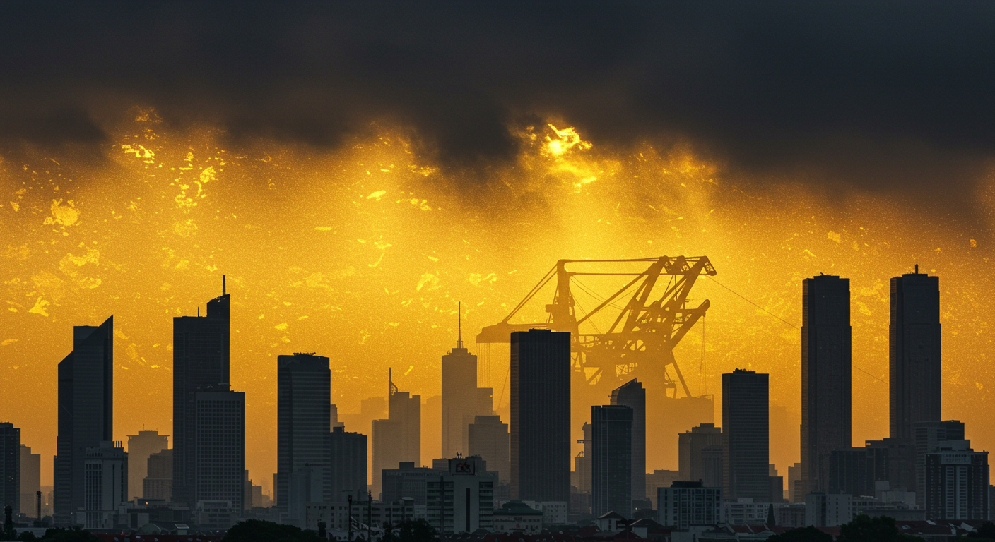 현대 도시 풍경에서 금 채굴로 인한 환경 오염을 강조, 고층 빌딩 배경에 짙은 구름과 대조되는 황금색 요소