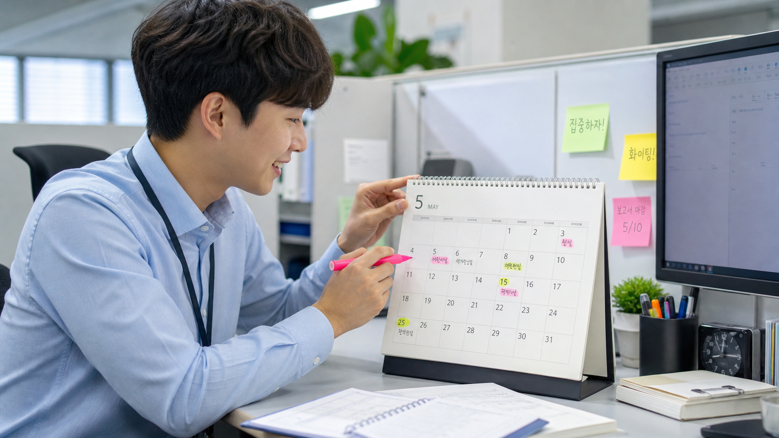 사무실 책상에서 달력에 공휴일을 표시하며 기뻐하는 현대 직장인