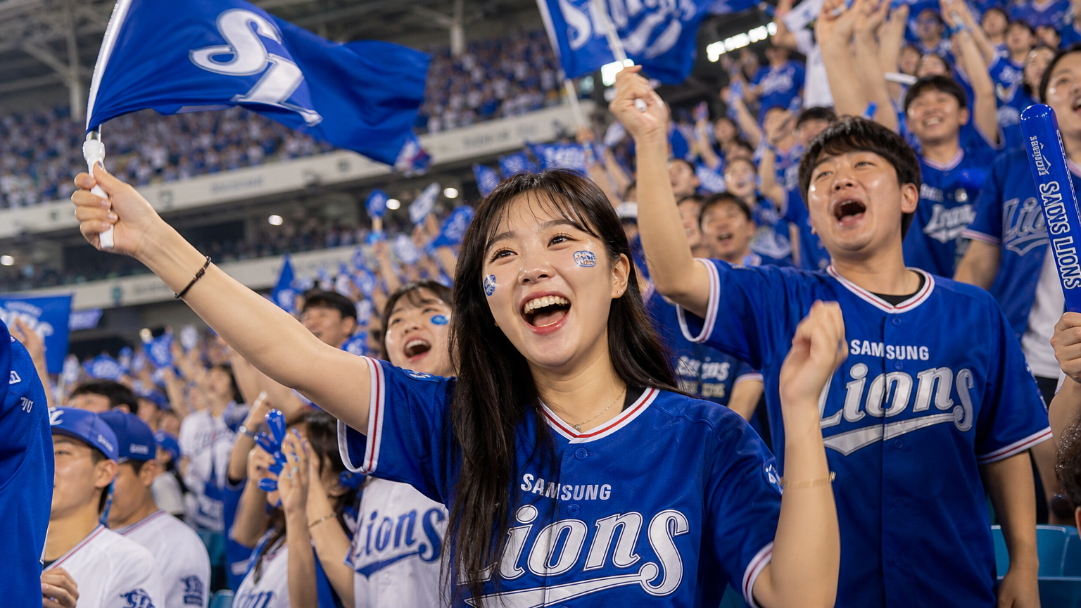 삼성 라이온즈 유니폼을 입고 응원하는 열정적인 야구팬들
