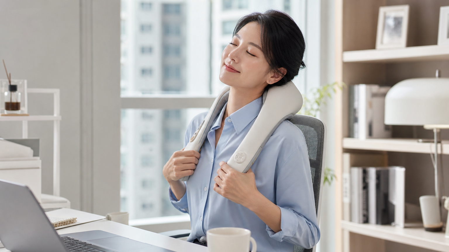 책상에 앉아 휴대용 마사지기로 목을 풀고 있는 직장인의 모습