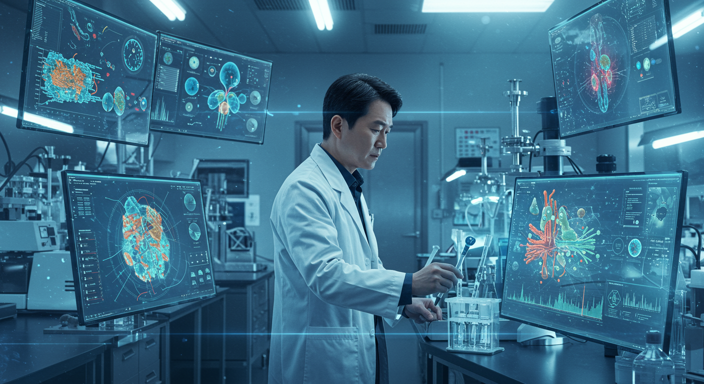 첨단 연구실에서 면역 체계 관련 그래픽을 보며 연구에 몰두하는 현대 한국 과학자