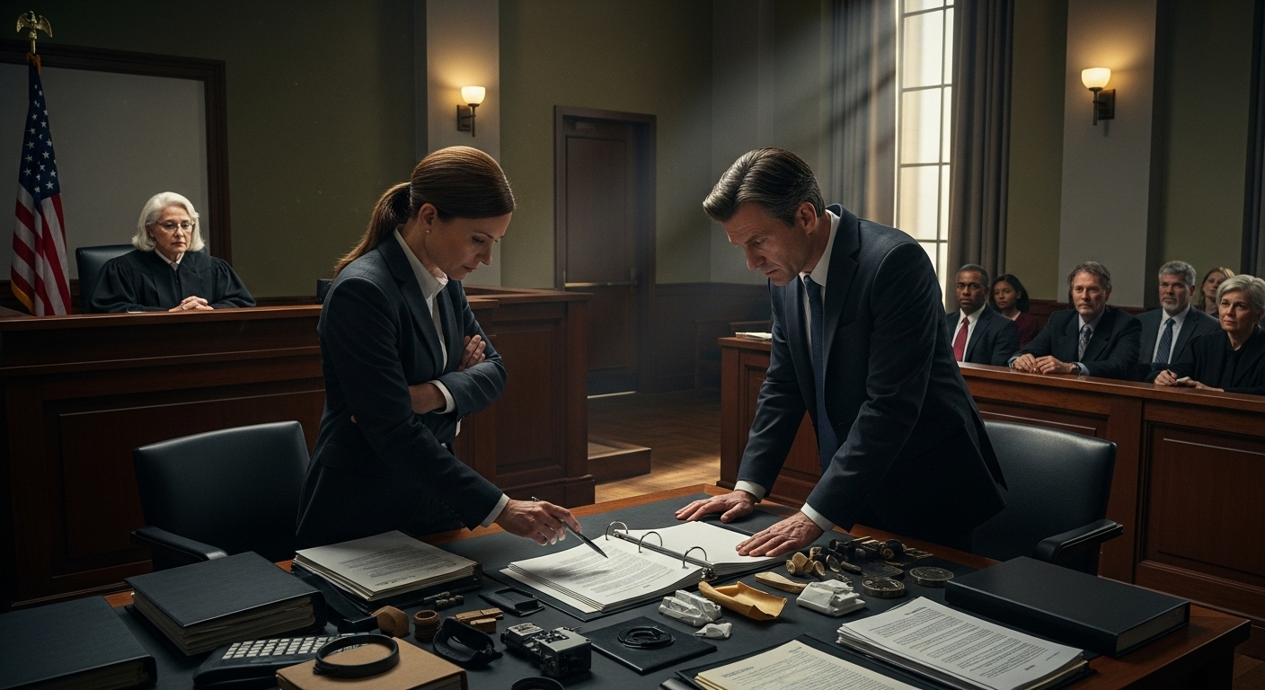 현대적인 미국 법정에서 진행 중인 긴장된 재판 장면, 변호사와 배심원이 있는 모습