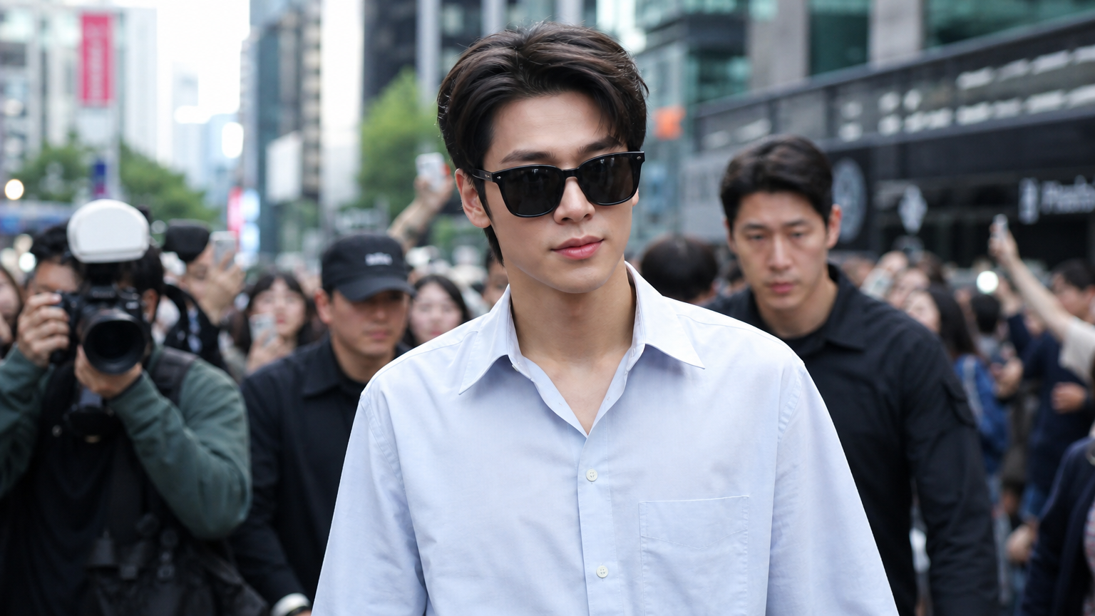 번화가에서 사진기자들 사이를 지나가는 유명인의 일상적 순간