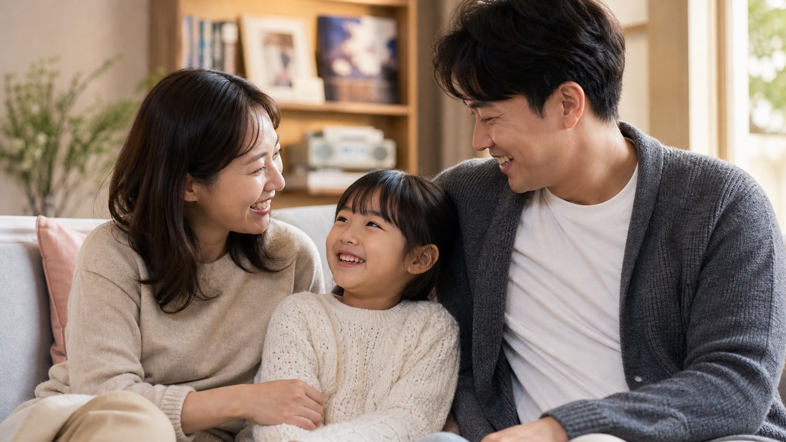 거실에서 즐거운 시간을 보내고 있는 행복한 가족 모습