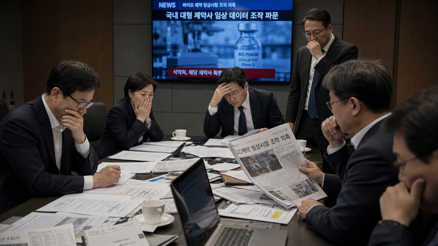 제약 스캔들에 대한 뉴스를 보고 있는 긴장된 임원 회의
