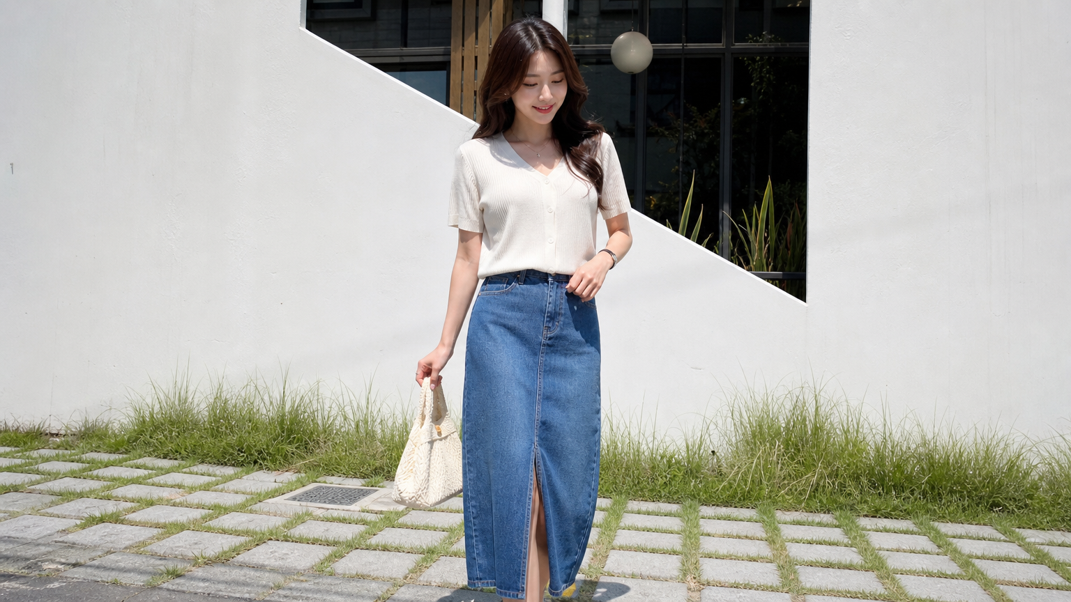현대적인 도시 배경에서 다양한 데님 스타일을 자신 있게 선보이는 젊은 여성