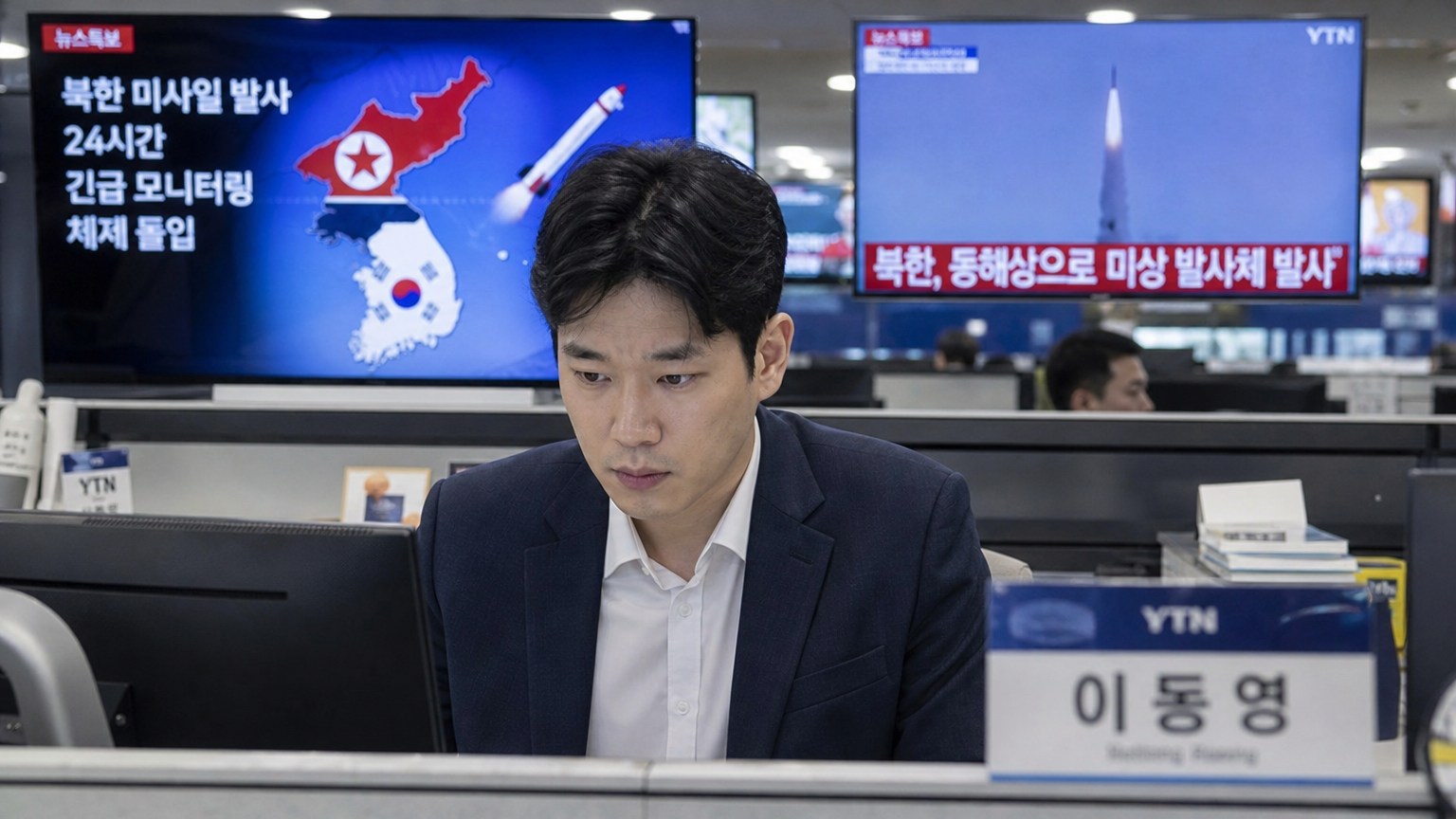 현대적인 뉴스룸에서 북한 관련 속보에 집중하는 한국 기자의 모습