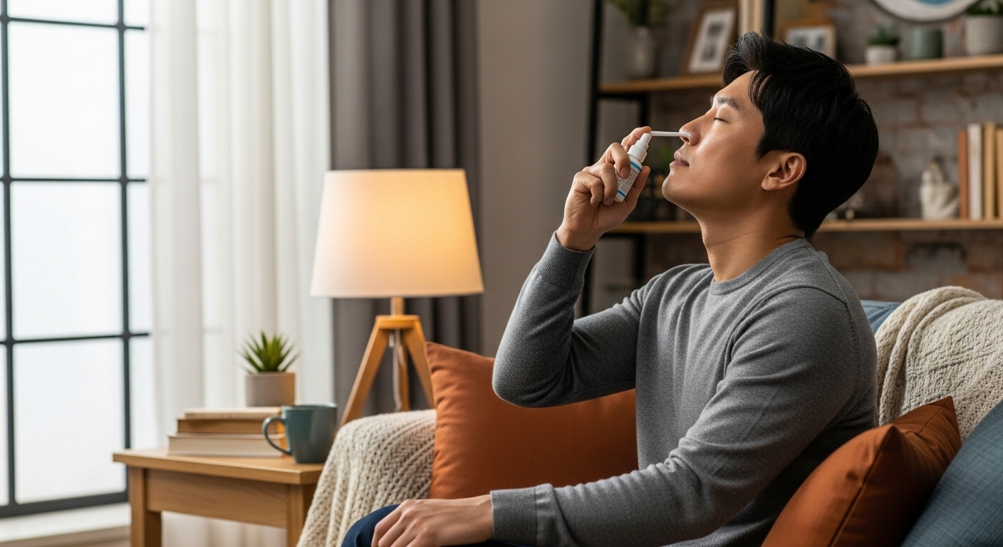 식염수 스프레이를 사용하는 모습