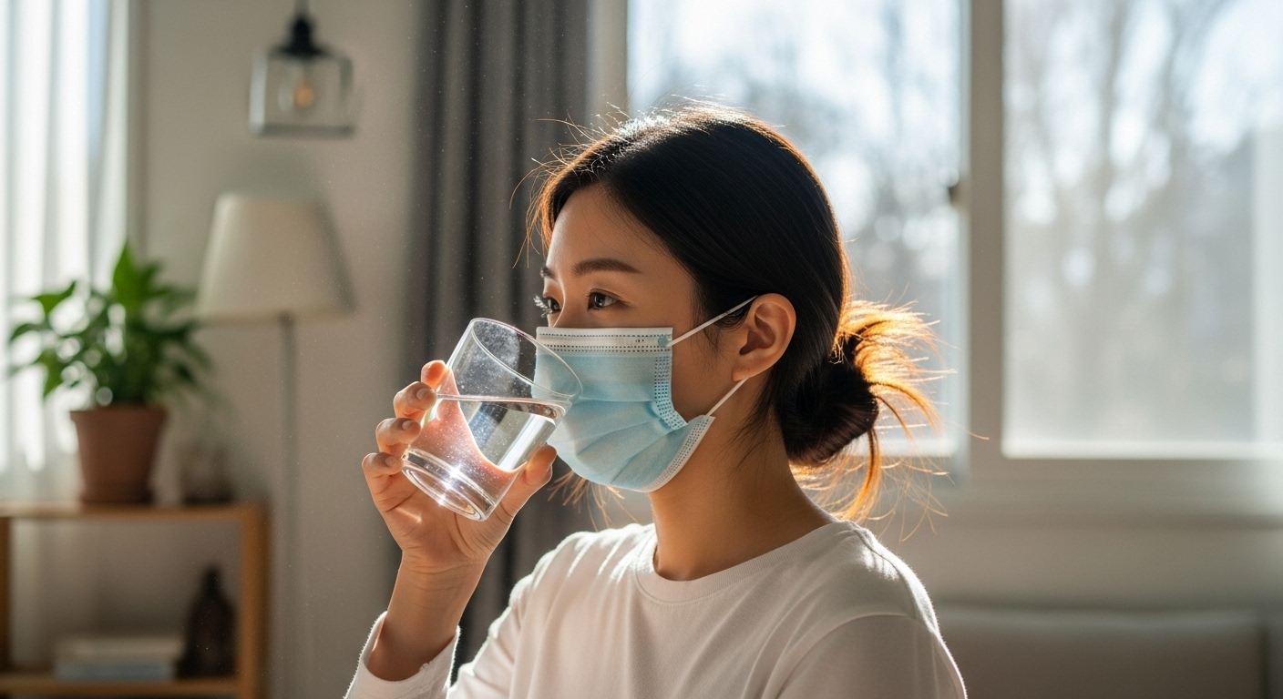 마스크를 착용하고 수분 섭취를 하는 여성