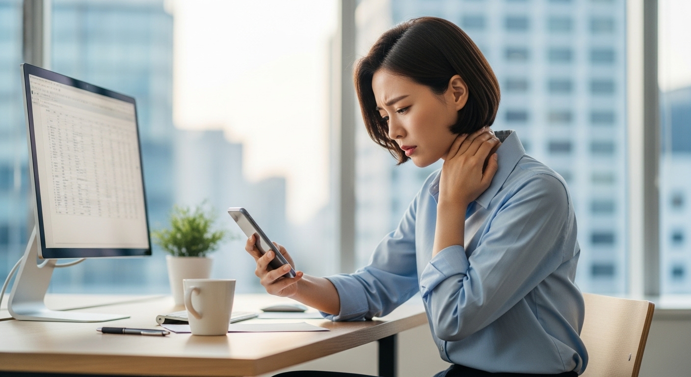 사무실에서 스마트폰을 사용하는 직장인의 목과 턱 불편한 모습