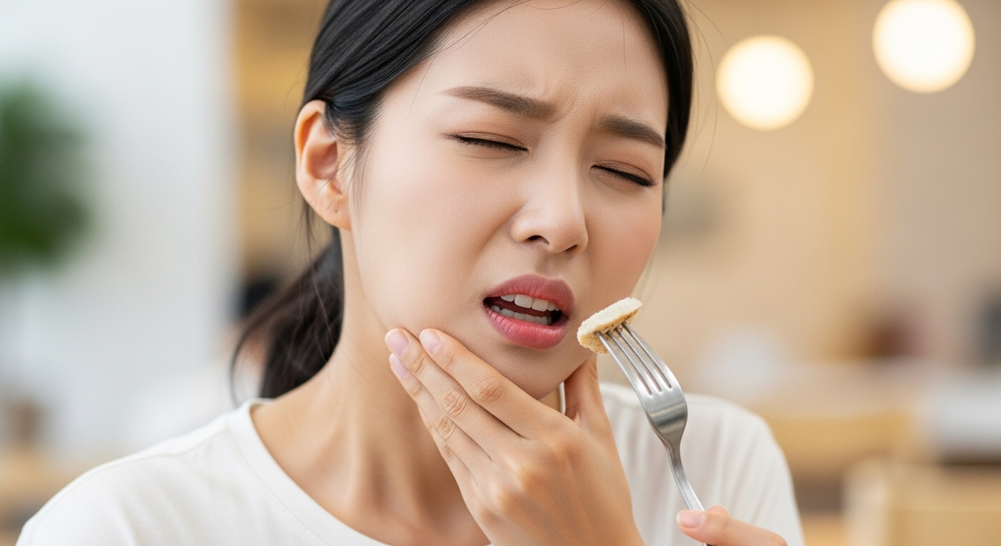 식사 중 턱 통증을 느끼는 여성의 모습