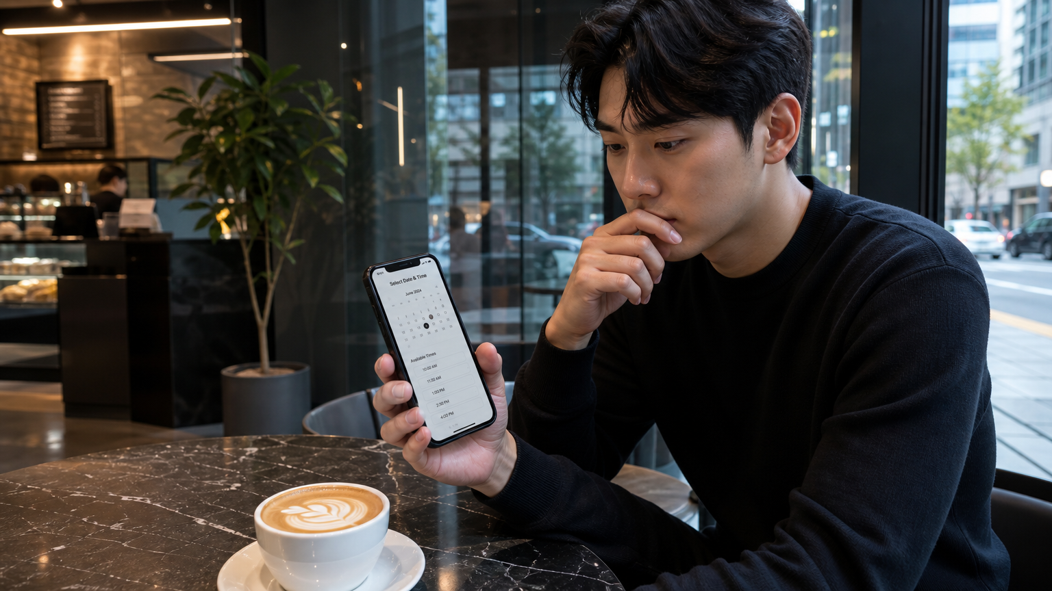 도심 카페에서 스마트폰으로 마사지 일정을 계획하는 남성