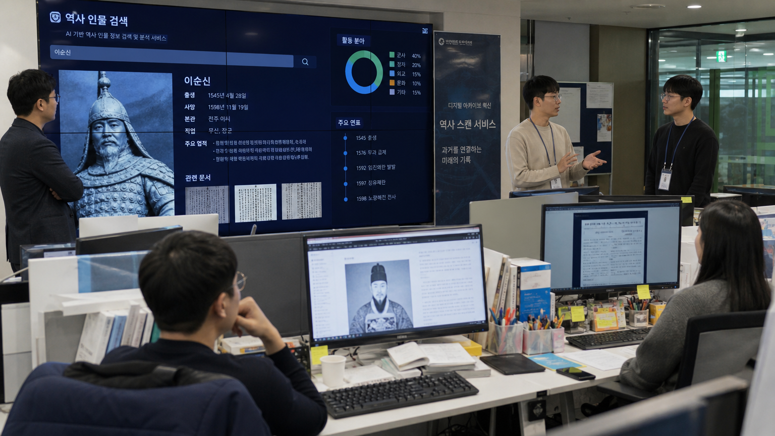 한국 사무실에서 직원들이 컴퓨터로 역사적 스캔 서비스를 토론하며 데이터를 표시하는 큰 화면들
