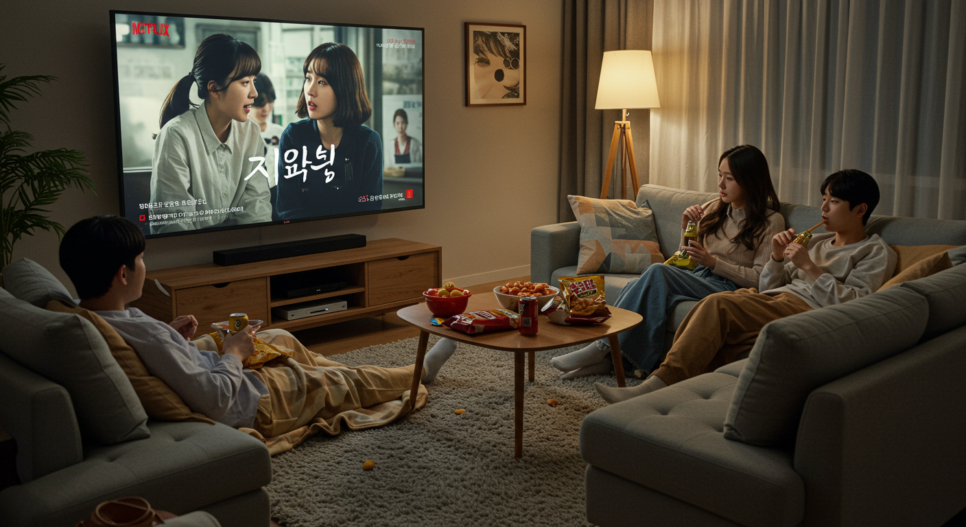 젊은 사람들이 집에서 넷플릭스와 웨이브로 드라마를 시청하는 장면