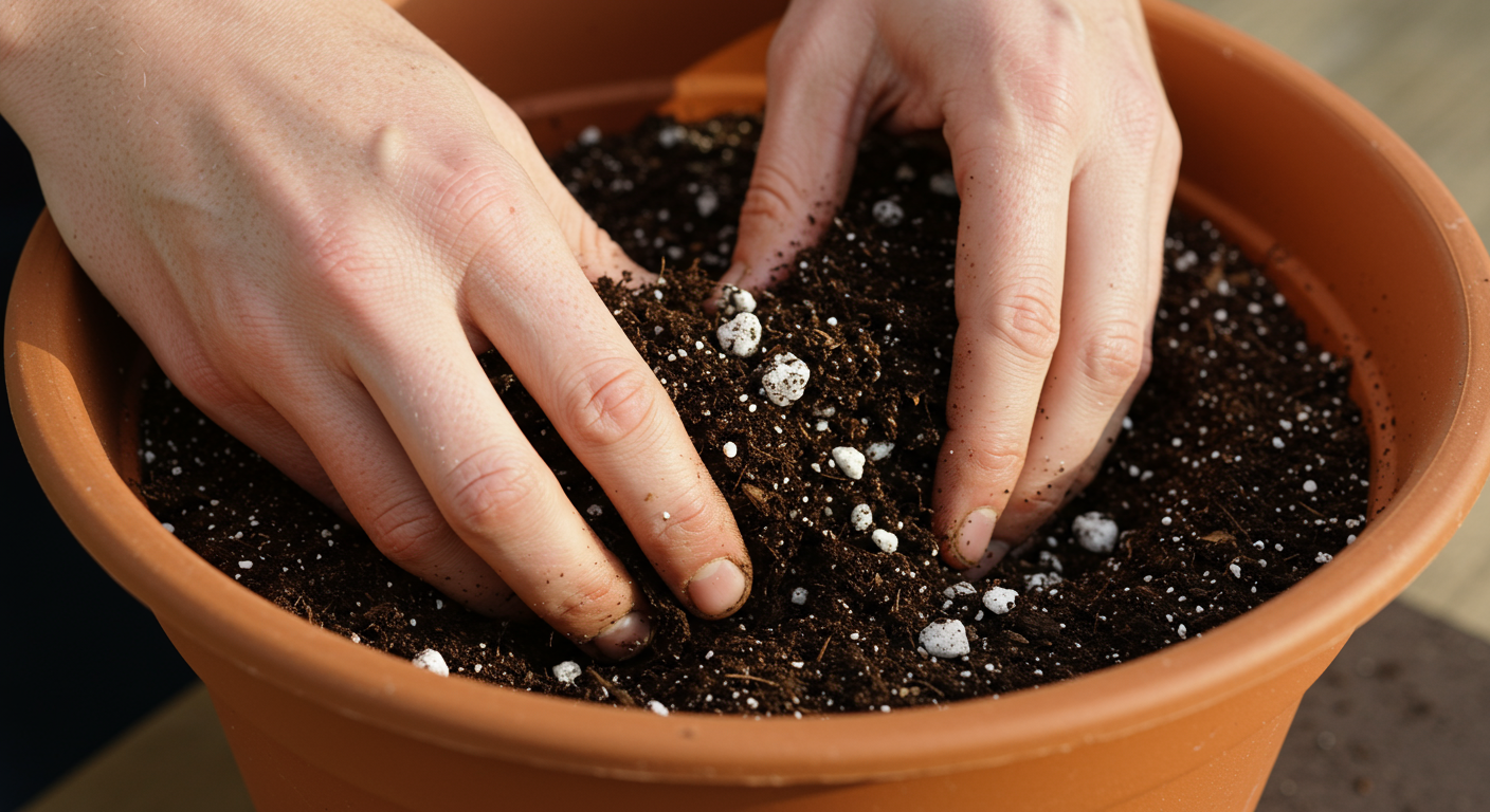 루꼴라 재배를 위해 배수 구멍이 있는 화분에 퇴비와 펄라이트로 토양을 준비하는 모습
