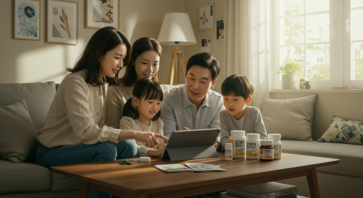 현대적인 가정의 부모와 아이들이 거실에서 건강 보조제를 논의하는 장면