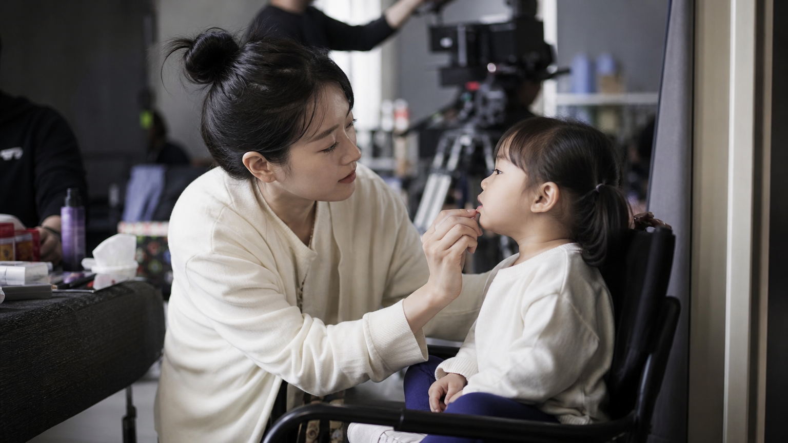 아이를 돌보며 촬영 준비 중인 한국 여배우의 일상