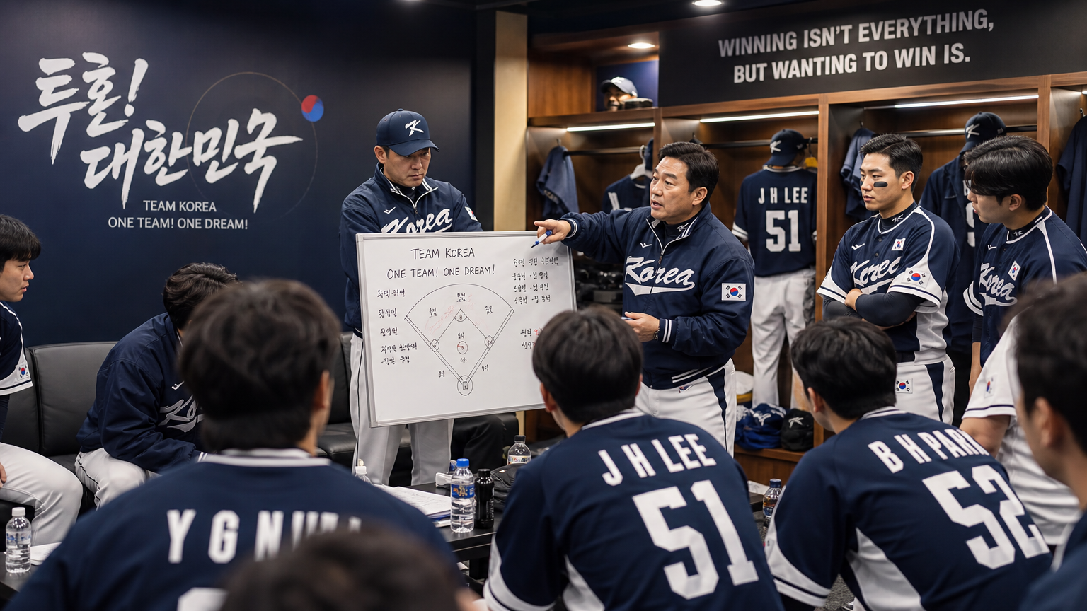 락커룸에서 전략 회의를 하는 한국 야구팀