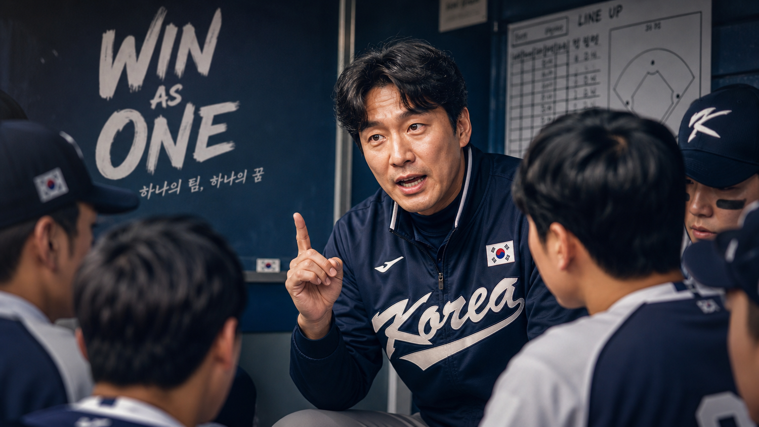 경기 전 덕아웃에서 선수들에게 격려를 전하는 카리스마 넘치는 한국 야구 감독