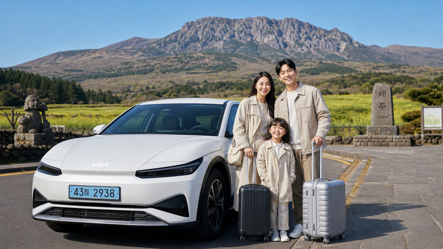 가족이 제주도에서 렌트카 옆에 서 있는 모습과 한라산 배경