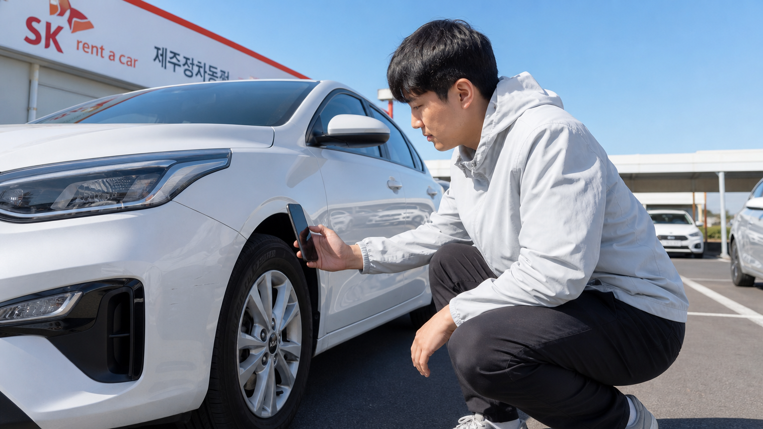차량 외관을 점검하며 스마트폰으로 기록하는 모습