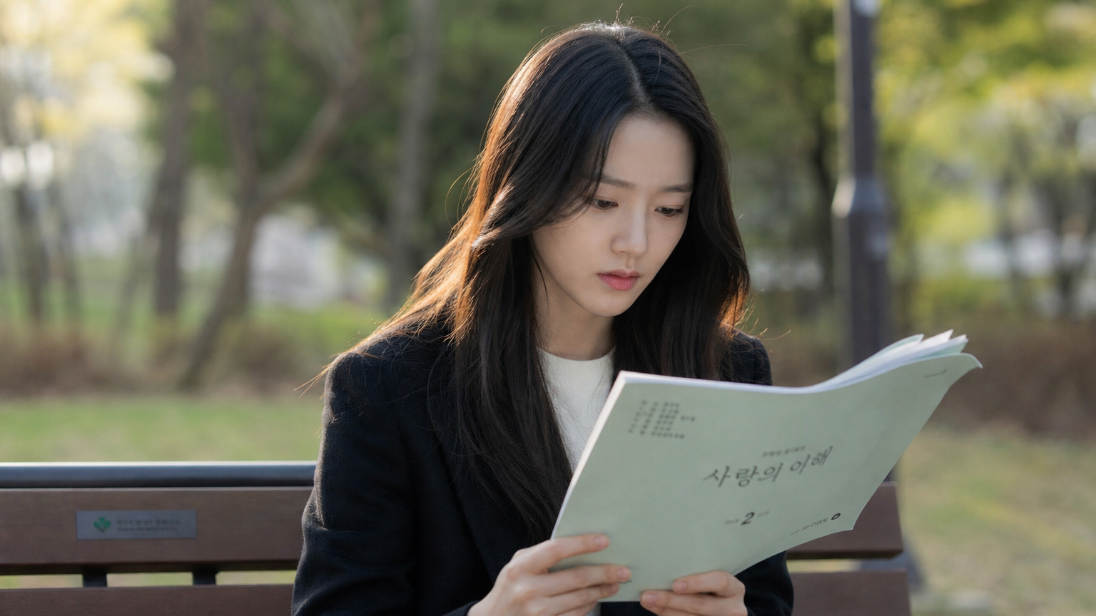 공원에서 영화 대본을 읽으며 집중하고 있는 젊은 여성