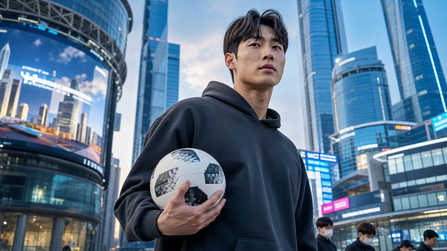 축구공을 들고 미래적 도시 풍경에 서 있는 현대적인 남성