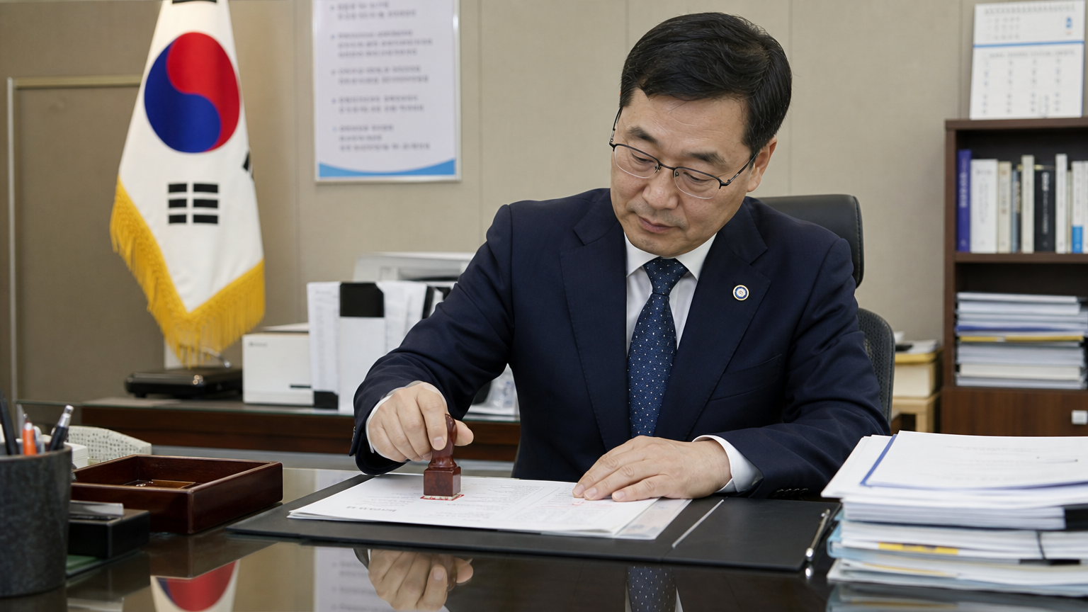 관공서 책상에서 인감도로 문서를 날인하는 한국 공무원의 모습
