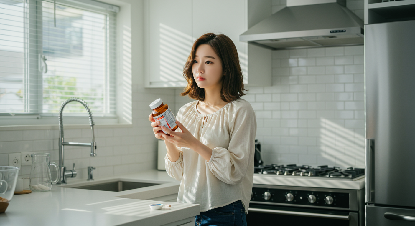 주방에서 철분제 병을 들고 고민하는 현대 여성의 모습