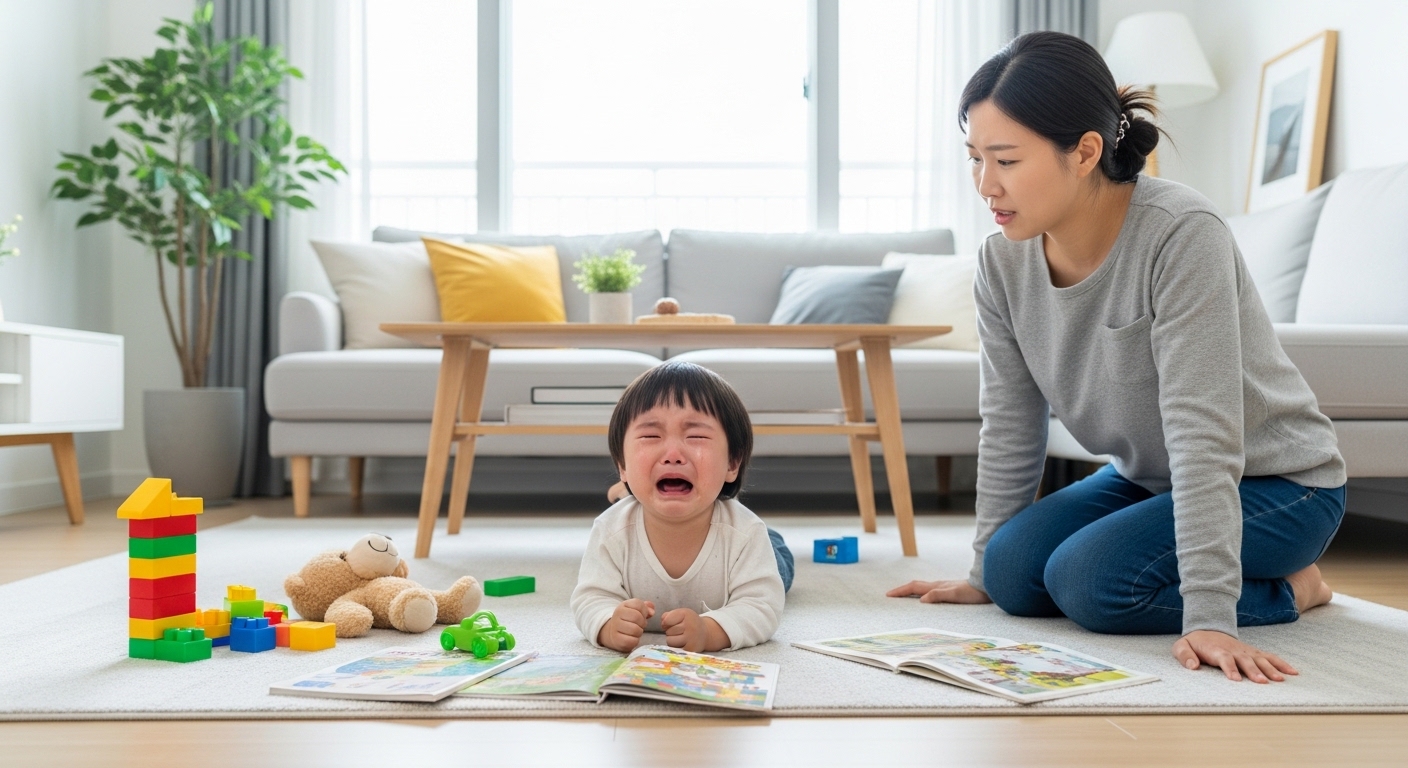 거실에서 울고 있는 어린아이와 당황한 표정의 부모 모습