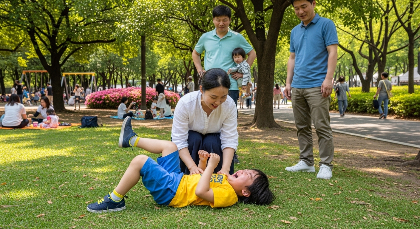 공원에서 짜증을 내는 아이와 그를 이해하는 부모들