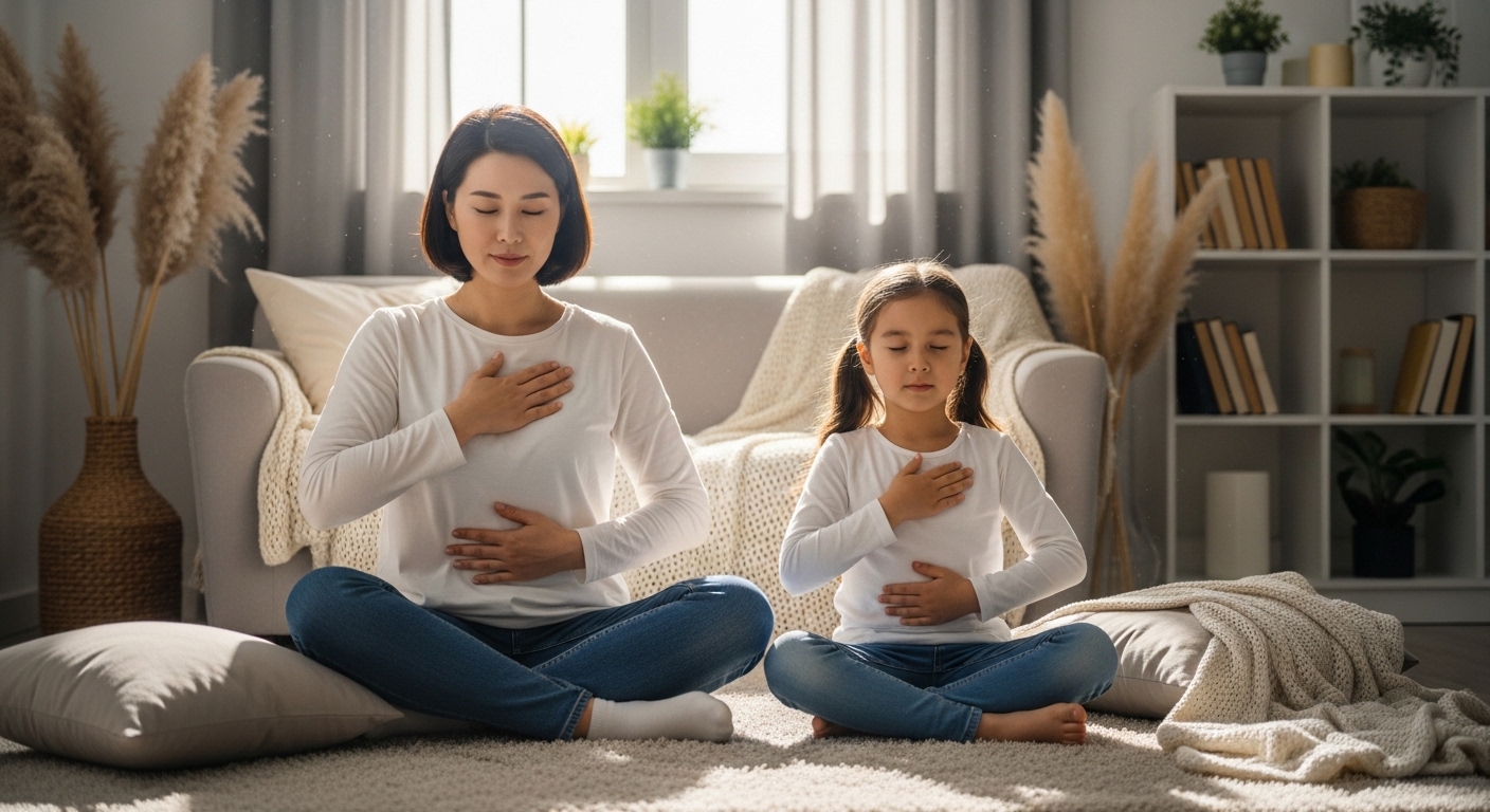 자녀에게 심호흡 방법을 가르치는 부모의 모습