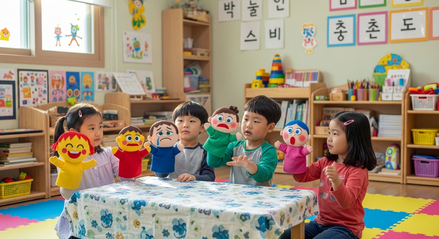 놀이방에서 인형극을 통해 감정을 표현하는 어린이들