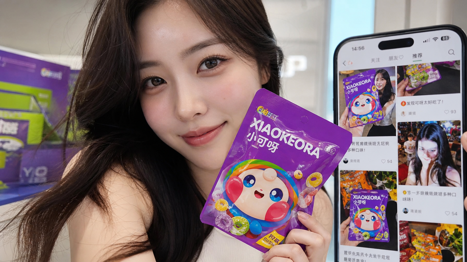 젊은 여성이 소셜 미디어 피드와 함께 샤오커오라 사탕 패키지를 들고 있는 모습