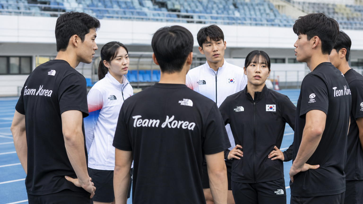 훈련복을 입은 한국 선수들이 결의를 다지며 훈련하는 모습