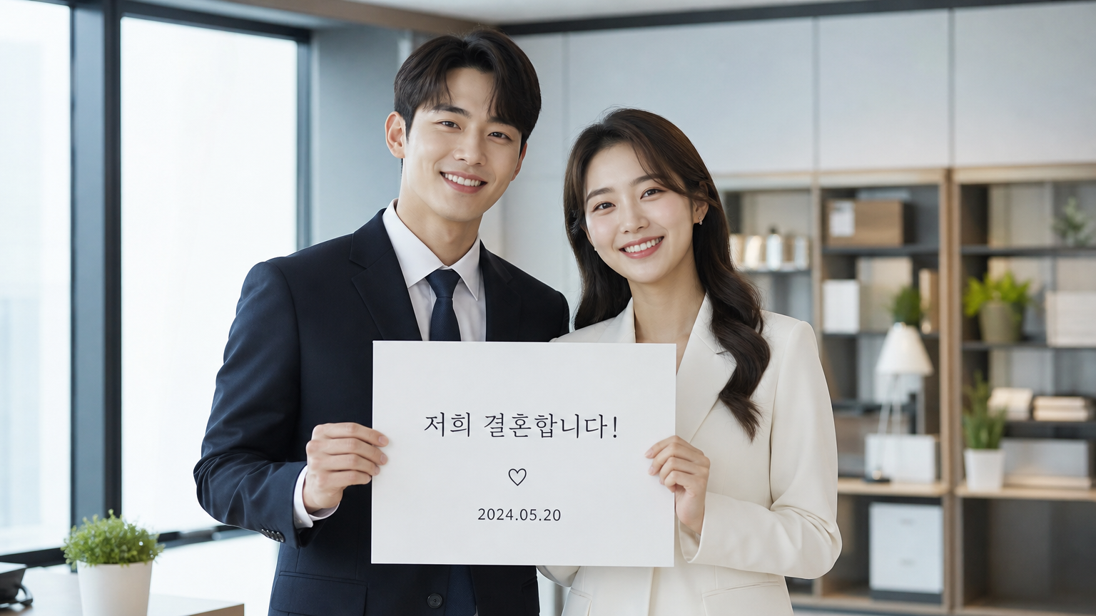 현대적인 사무실에서 결혼 발표를 하는 커플