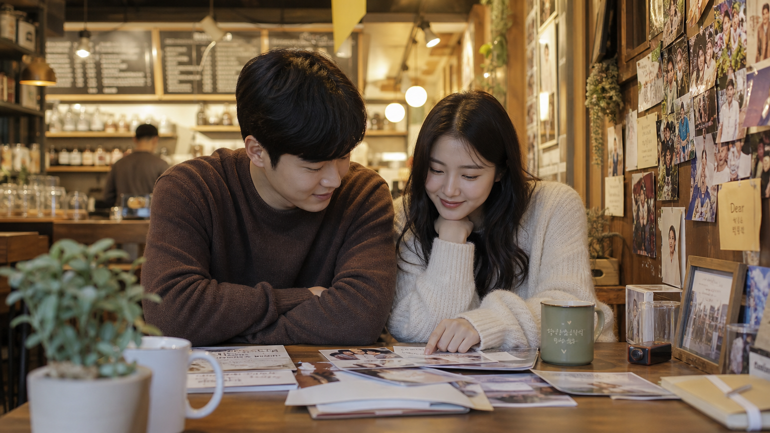 아늑한 카페에서 추억을 돌아보는 커플