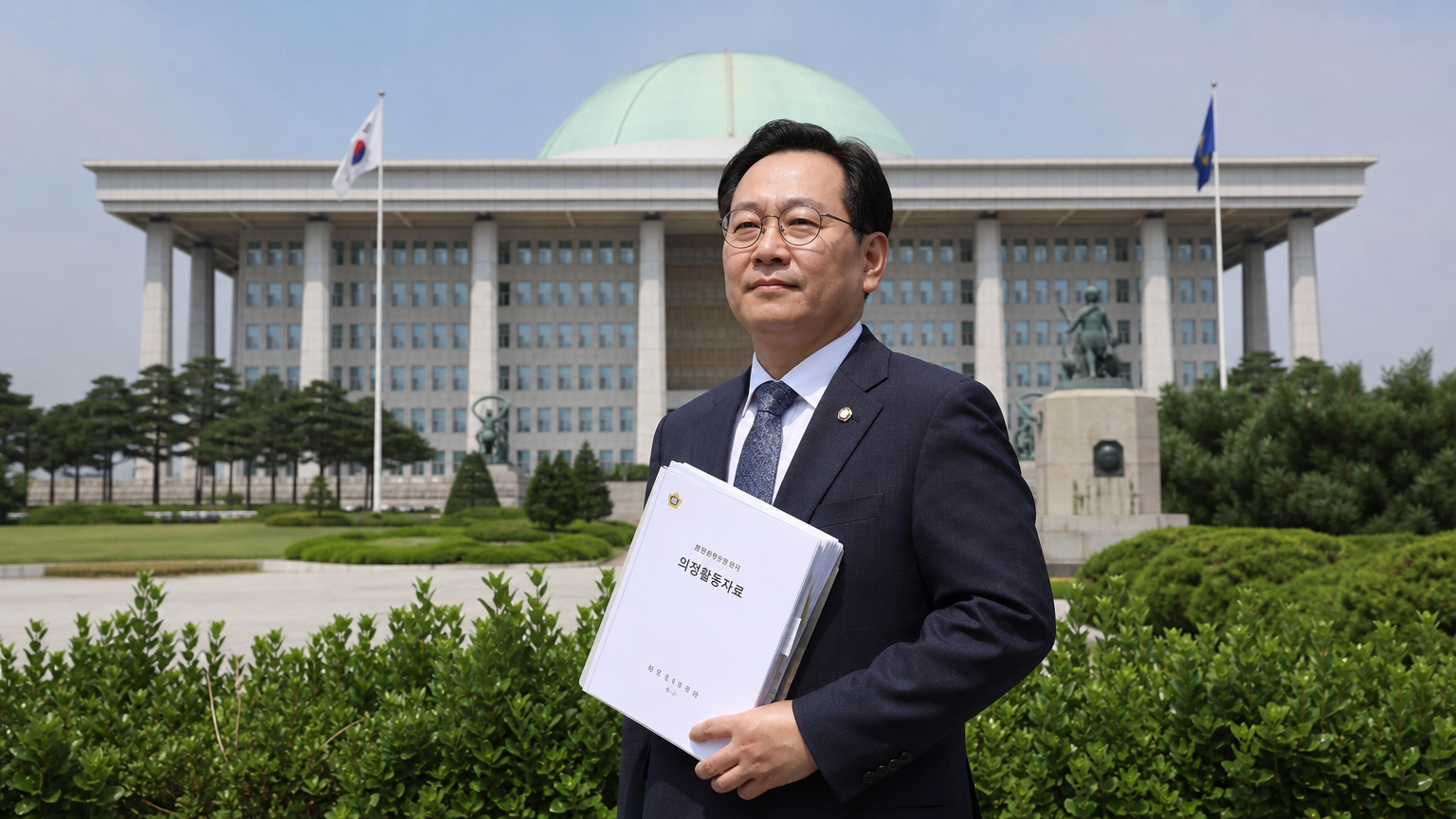 서울 국회의사당 앞에서 서류를 들고 있는 정장 차림의 정치인