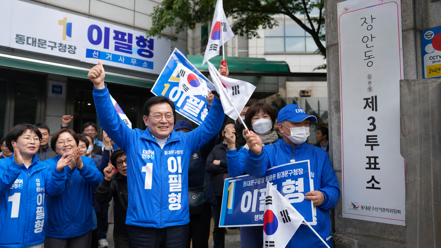 동대문구 투표소 앞에서 깃발을 흔들며 환호하는 지지자들