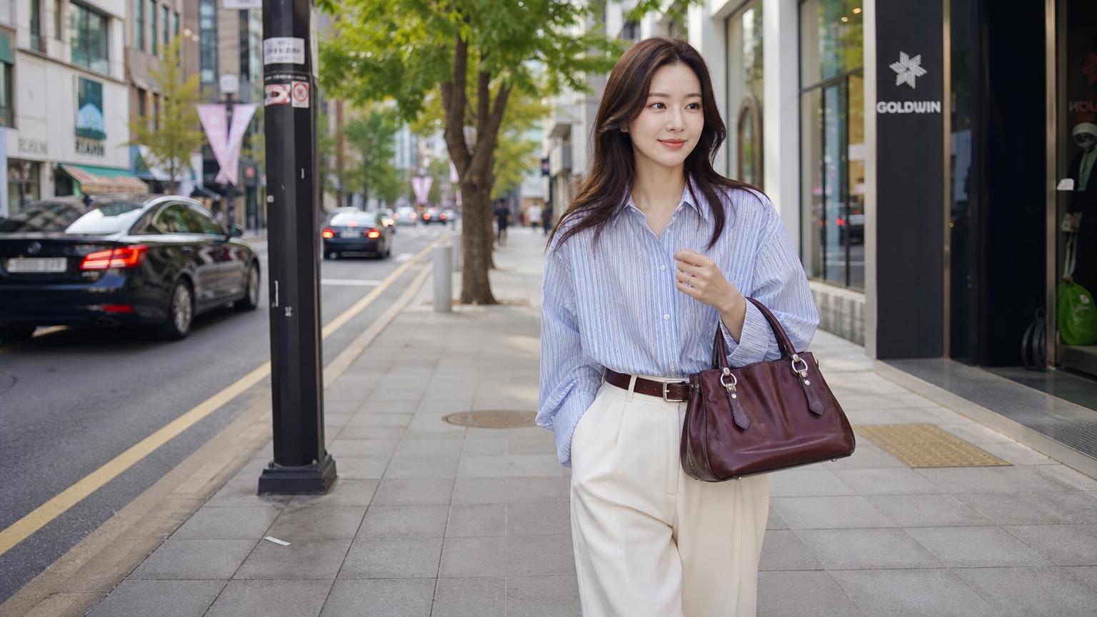 서울 거리에서 독특한 명품 가방을 든 세련된 여성