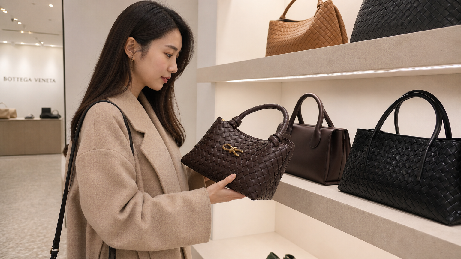 보테가 베네타 핸드백을 조용히 살펴보는 우아한 쇼핑객