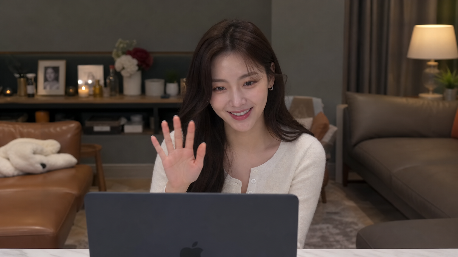 아늑한 거실에서 노트북으로 팬들과 라이브 방송 중인 여배우 모습