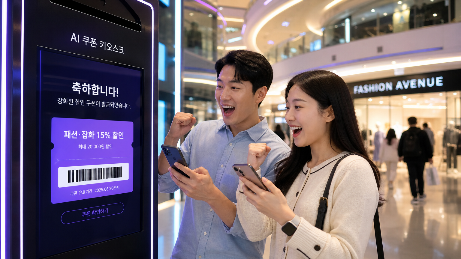 쇼핑몰 내 디지털 키오스크에서 할인 쿠폰을 사용하는 고객들의 활기찬 모습